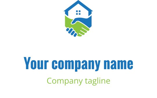 Diseño de logo moderno con una casa y un apretón de manos en azul y verde