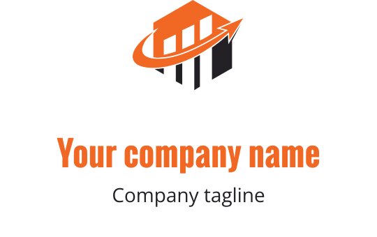 Diseño de logo moderno con un edificio naranja y una flecha hacia arriba