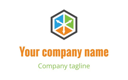 Diseño de logo hexagonal con flechas coloridas y tipografía en negrita