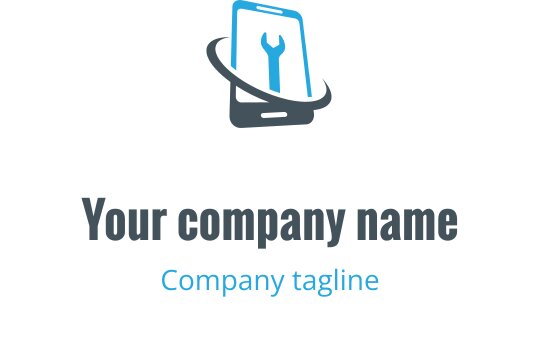 Diseño de logo moderno en azul y verde con un smartphone y una llave inglesa