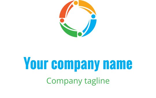Diseño de logo circular colorido con figuras interconectadas en naranja, verde y azul