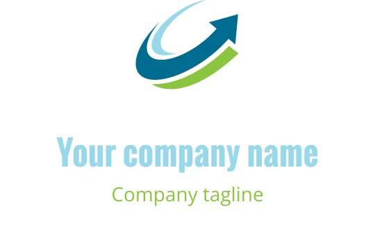 Diseño de logo dinámico con una flecha azul y elementos en espiral verdes
