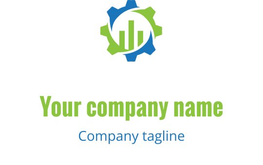 Diseño de logo moderno con un engranaje y gráfico de barras en verde y azul