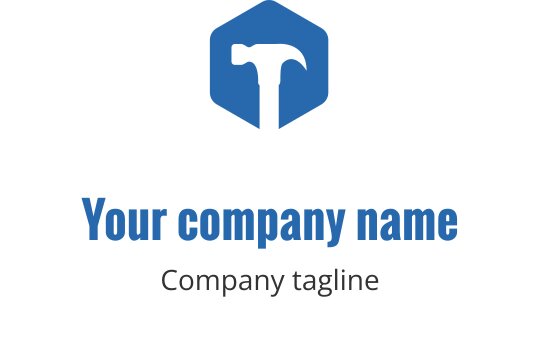 Diseño de logo moderno de martillo azul dentro de una forma hexagonal