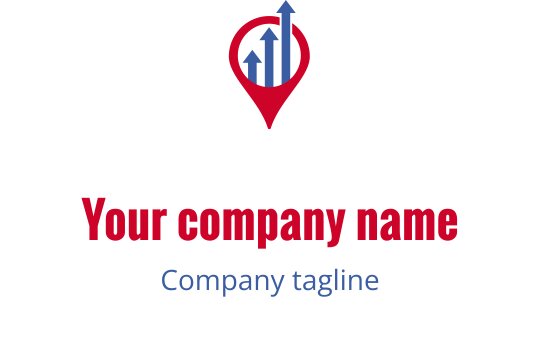 Diseño de logo moderno de pin de ubicación con flechas hacia arriba en azul y rojo