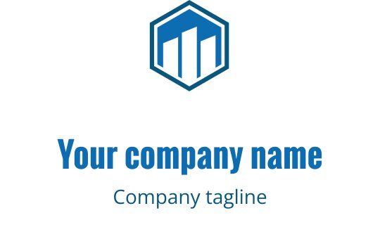 Diseño de logo hexagonal moderno con formas abstractas de edificios en azul