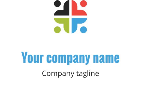 Diseño de logo colorido con círculos interconectados y una forma de cruz central