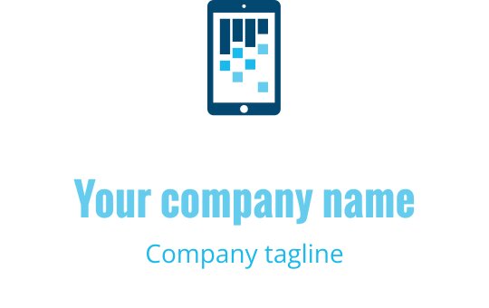 Diseño de logo moderno de smartphone azul con elementos pixelados