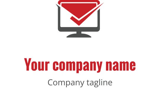 Diseño de logo moderno con una pantalla de computadora y una marca de verificación en rojo y gris