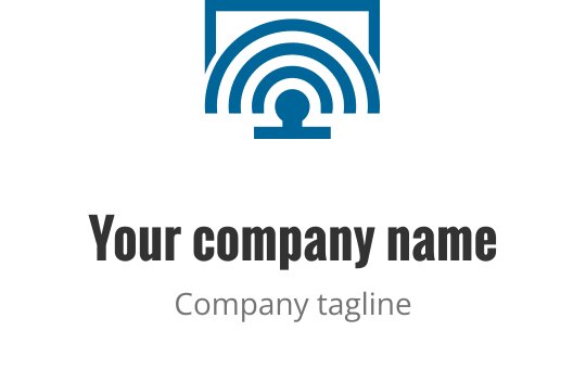 Diseño de logo moderno con un arco azul y elementos circulares