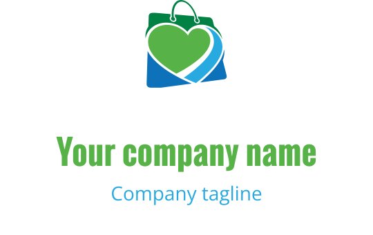Diseño de logo creativo de corazón con elementos de compra en verde y azul