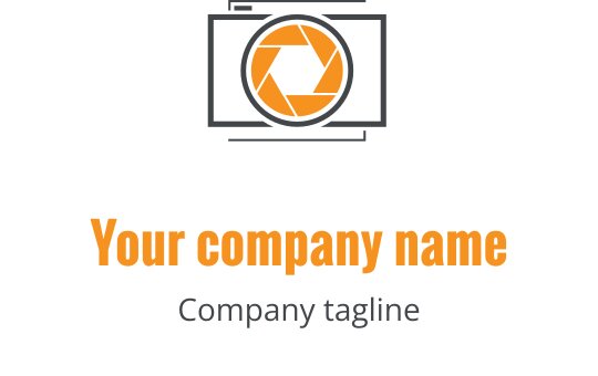Diseño de logo moderno con un lente de cámara gris y acentos naranjas