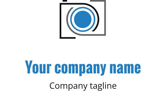 Diseño de logo moderno con un lente de cámara azul y gris con contorno negro elegante