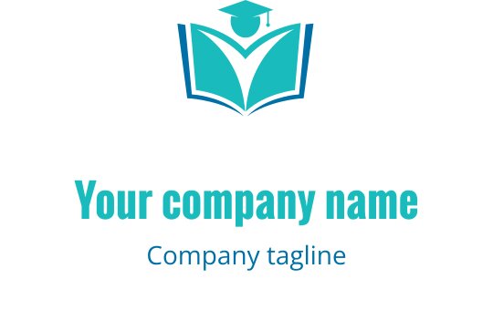Diseño de logo moderno con un libro abierto y un birrete en color verde azulado