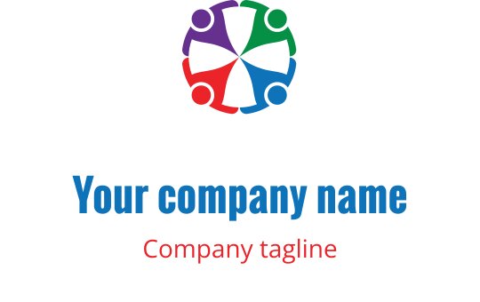 Diseño de logo colorido con figuras interconectadas en púrpura, verde, rojo y azul