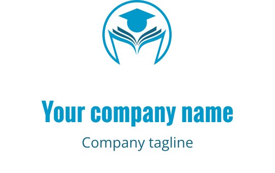 Diseño de logo moderno con un libro abierto y un birrete en azul