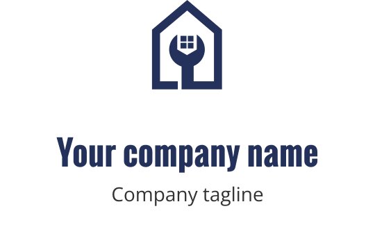 Diseño de logo en azul marino con una casa estilizada y herramientas