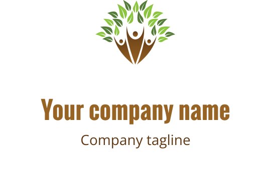 Diseño de logo moderno con un árbol, figuras humanas y hojas verdes