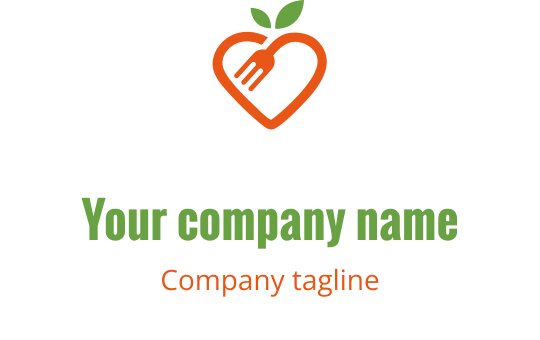 Diseño de logo en forma de corazón con un tenedor y hojas verdes
