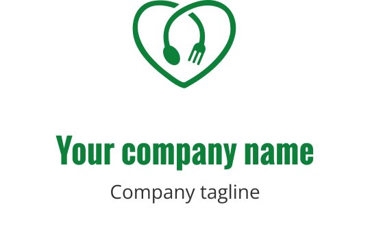 Diseño de logo en forma de corazón con tenedor y cuchara en verde
