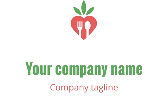Diseño de logo en forma de corazón con tenedor, cuchara y hojas verdes