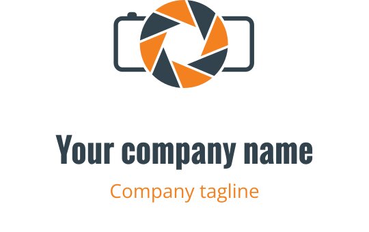 Diseño de logo minimalista con contorno de cámara verde y naranja