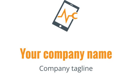 Diseño de logo moderno con un smartphone y línea de pulso en naranja y gris