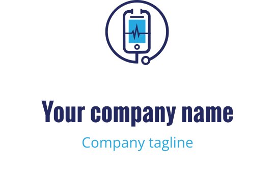Diseño de logo moderno con un smartphone y línea de pulso en azul