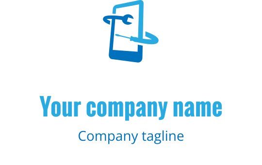 Diseño de logo moderno en azul con combinación de smartphone y llave inglesa