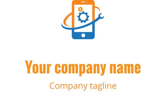 Diseño de logo en azul y naranja con un dispositivo móvil estilizado y herramientas de reparación