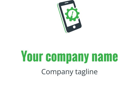 Diseño de logo moderno en verde y lima con un smartphone y herramientas de reparación
