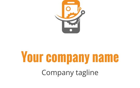 Diseño de logo moderno con un smartphone, engranajes y un elemento de movimiento