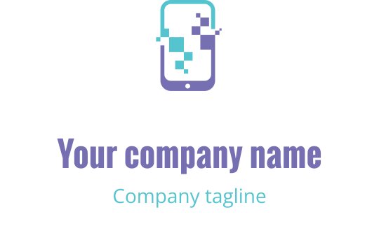 Diseño de logo de smartphone moderno con elementos pixelados en púrpura y verde azulado
