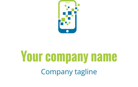 Diseño de logo de smartphone moderno con elementos pixelados en verde y azul