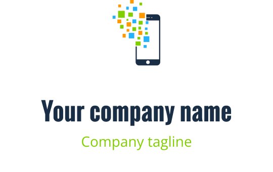 Diseño de logo moderno con un smartphone y elementos de píxeles coloridos