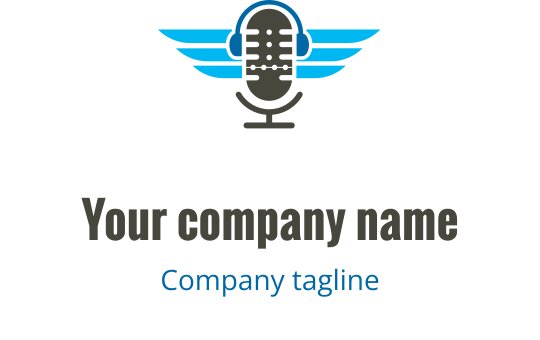 Diseño de logo de micrófono moderno con alas azules y texto en negrita