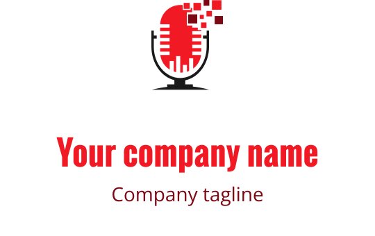 Diseño de logo de micrófono moderno con acentos rojos pixelados