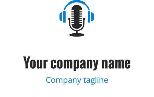 Diseño de logo moderno de micrófono con auriculares azules y texto en negrita