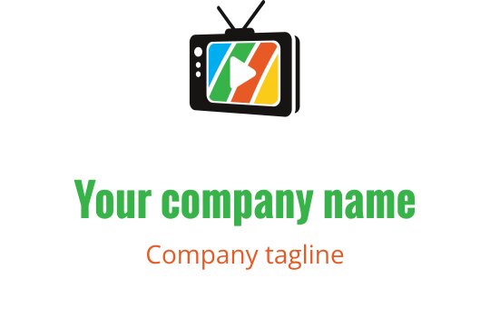 Diseño de logo colorido de televisión con un botón de reproducción y franjas vibrantes