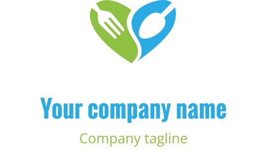 Diseño de logo en forma de corazón con tenedor y cuchara en verde y azul