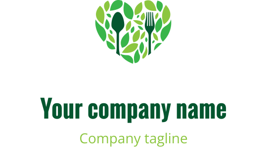Diseño de logo en forma de corazón lleno de hojas verdes y utensilios