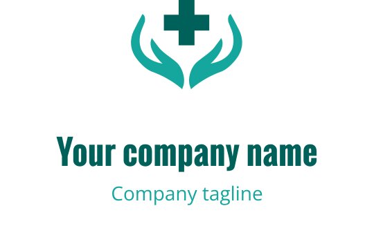 Diseño de logo de manos cuidadosas con una cruz en verde azulado y blanco