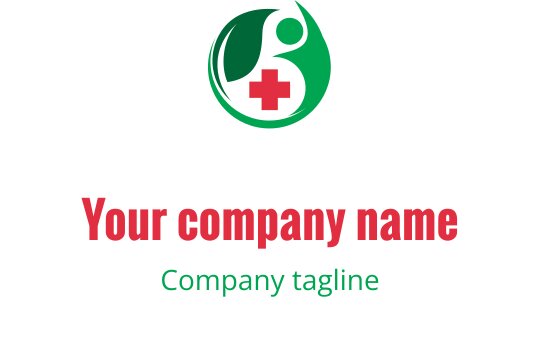 Diseño de logo moderno con una hoja verde y un símbolo de cruz roja