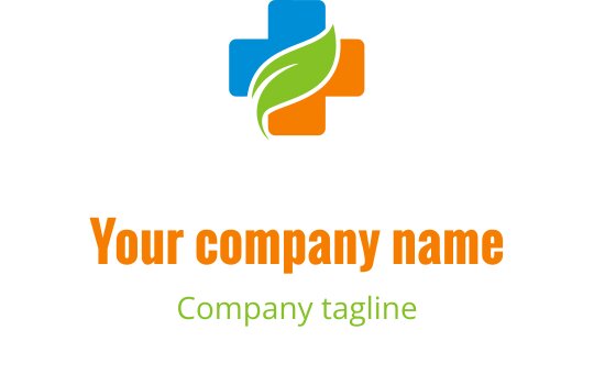 Diseño de logo moderno con una hoja verde y elementos de cruz coloridos