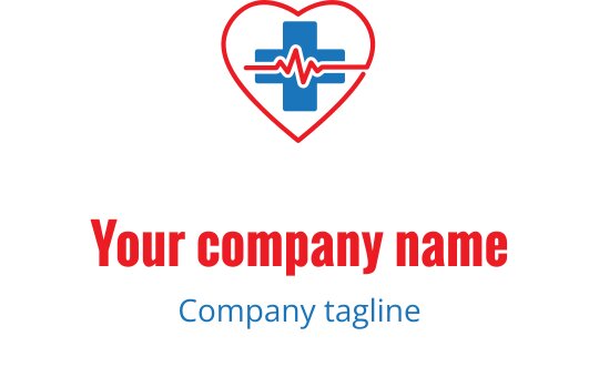 Diseño de logo con corazón y cruz, línea de pulso en rojo y azul