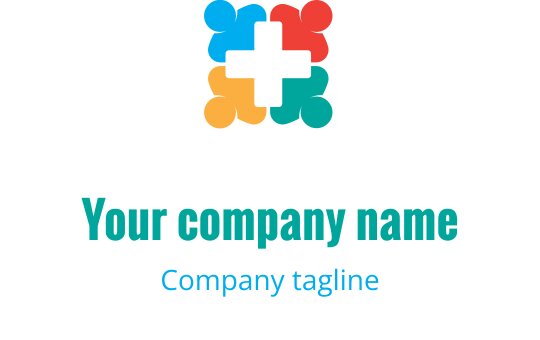 Diseño de logo colorido con formas superpuestas y un signo más central