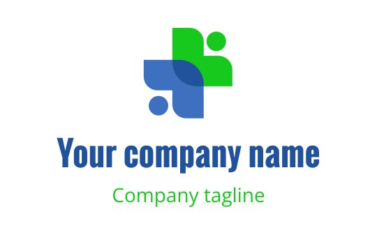 Diseño de logo moderno con formas azules y verdes superpuestas