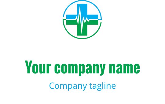Diseño de logo circular moderno con una cruz y línea de pulso en verde y azul