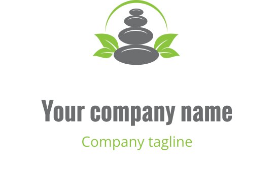 Diseño de logo de piedras equilibradas con hojas verdes y una línea curva