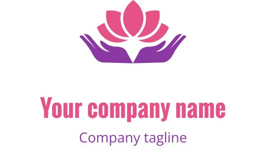 Diseño de logo elegante con un loto rosa sobre dos manos moradas